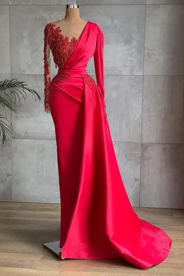 Red Mermaid Evening Dresses Sheer Long Sleeves Beading Tassel Ruched Arabic Formal Party Gowns Celebrity Met Gala Prom Wears BC
