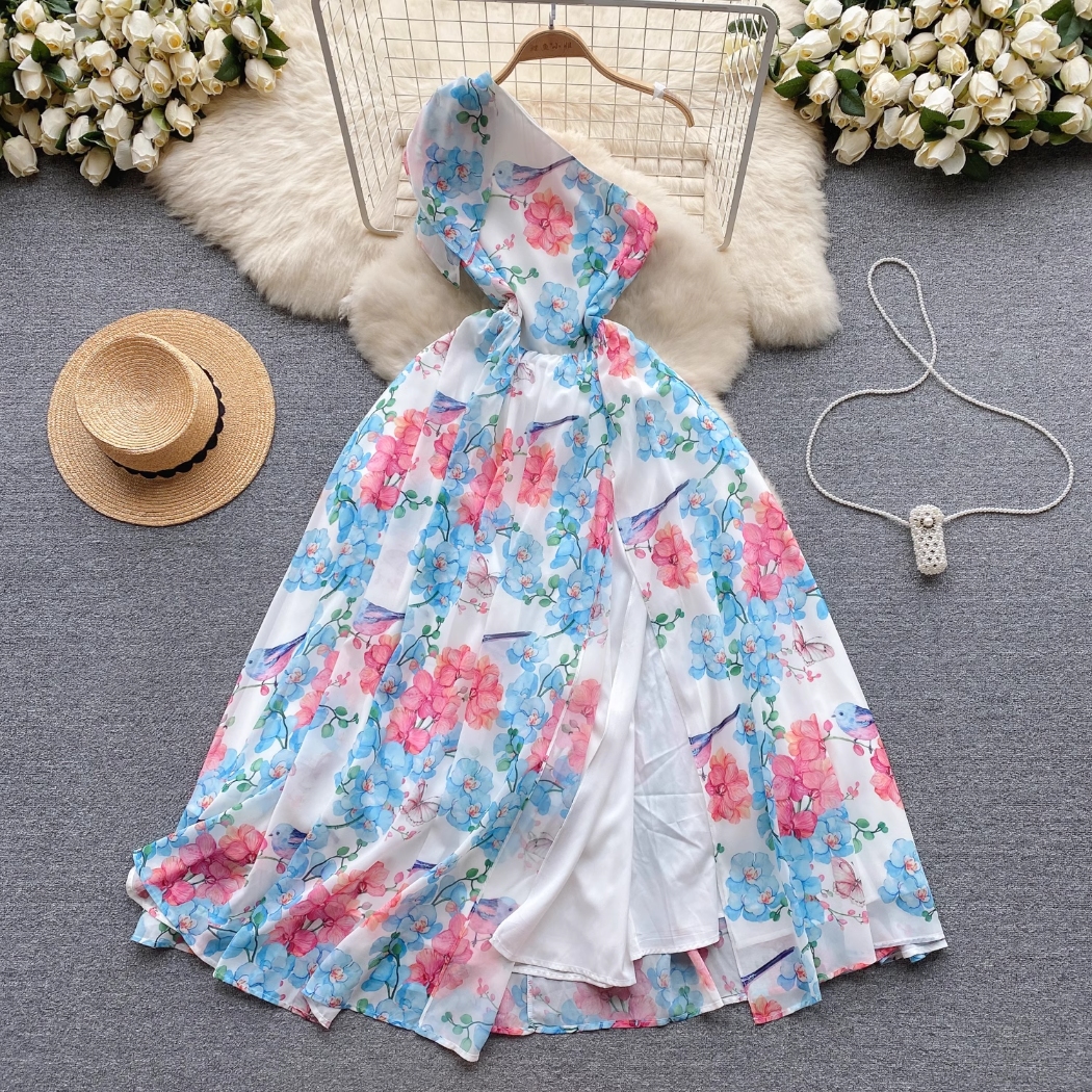Vacation Dress 2024 Spring/Summer New Small and Popular Slant Neck Off Shoulder Heart Machine Split Long Chiffon Printed Skirt