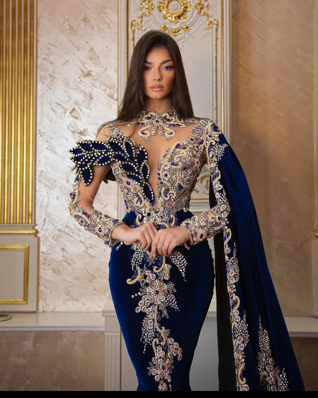 Elegant Blue Prom Dress Sequins High Collar Applique Lace Mermaid Satin Long Sleeve Evening Dresses Sheer Hollow Back Ruched Party Custom Size D L Es 