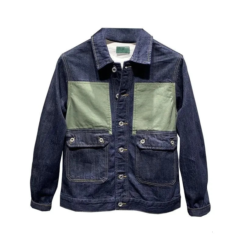 Korean Fashion Patchwork Denim Jacket For Men Spring Autumn American Pockets Cargo Streetwear Trend Male Coat Mens Clothing 240223