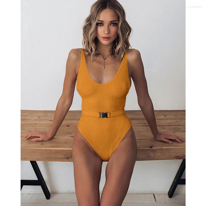 Women One Piece Swimsuit V Neck Belted Backless Brazilian Swimwear