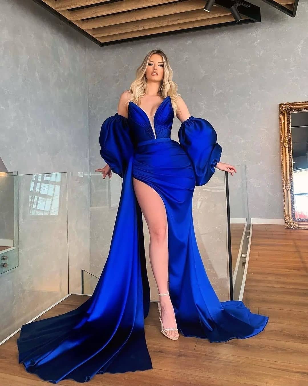 Royal Blue Mermaid Prom Dress V Neck Split Formal Evening Dresses Elegant Ogstuff Pleats Party Gowns For Special Ocns Sleeves Robe De Soiree Lz0304