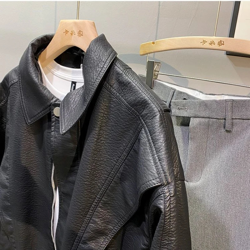 Handsome Lapel American Motorcycle Leather Jacket 2024 Spring Autumn Style Short Fashionable Retro Men 240223