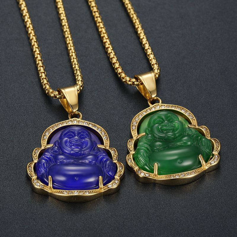 Hip Hop Vintage Jade Maitreya Buddha Titanium Steel Pendant Necklace 18K Real Gold Plated Women Men Jewelry