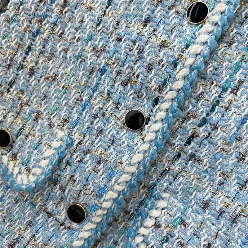 Autumn Winter Blue Tweed Knitted Coat Womens French Style Overcoat Small Fragrant Outwear Suit Top Short Jacket 240226