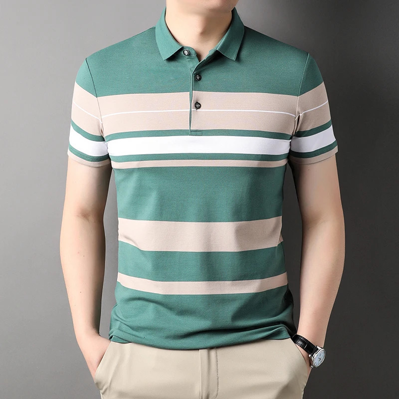 Mens Polo Shirts Korea Man Golf Shirts Summer Striped Print Button Clothing Business Style Male Streetwear Short Sleeve T-Shirt 240304