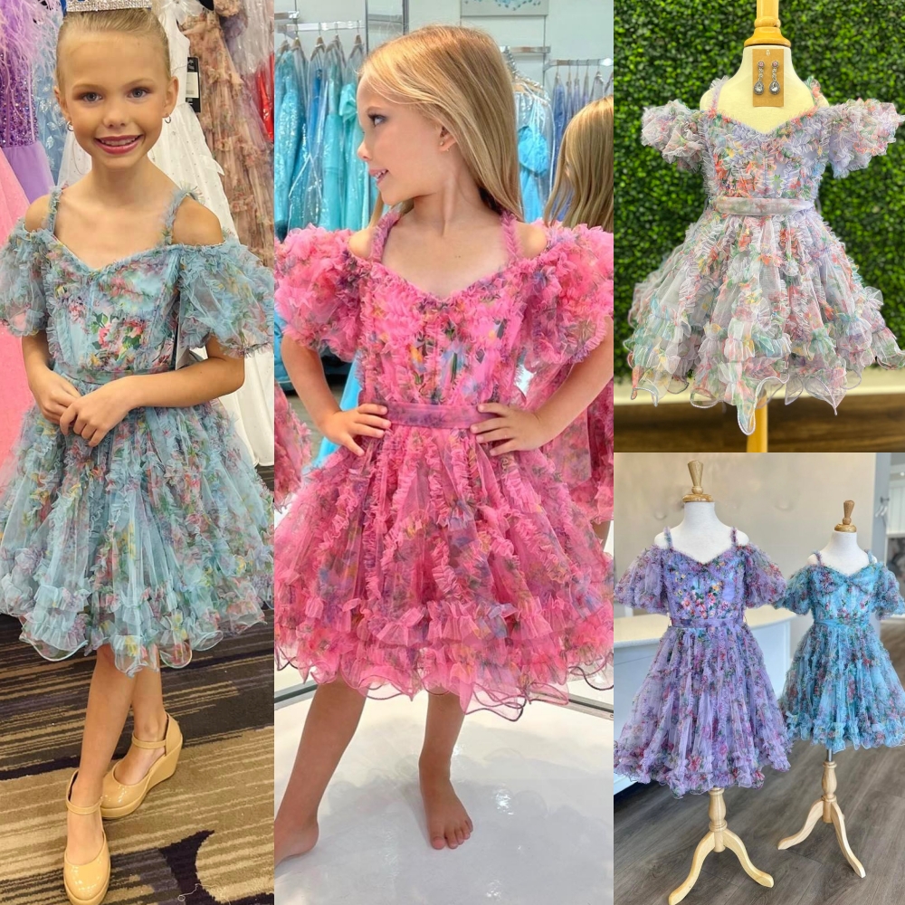 Print Floral Girl Pageant Dress 2025 Ruffed Ballon Sleeves Little Kid Birthday Cocktail Formal Party Gown Infant Toddler Teens Preteen Tiny Young Juni