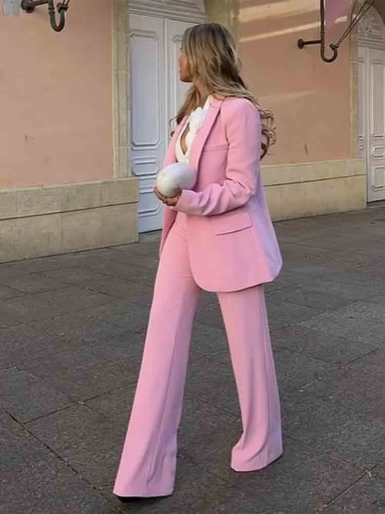 Pink Blazer Suits Long Sleeve High Waist Pants Suit Autumn Winter 2 Piece Set Office Lady Streetwear Two Clothes 240226wtt