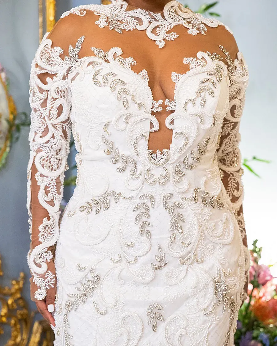 Arabic Aso Luxurious Ebi Mermaid Wedding Dress Lace Appliqued Beaded Bridal Gowns Long Sleeves Sheer Jewel Neck Sweep Train Vestido De Novia Custom Ma