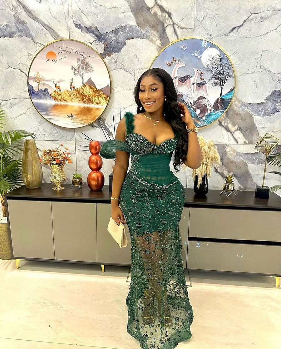 Beaded Dress Evening African Green Prom Dresses With Feather Straps Custom Shiny Sequined Lace Aso Ebi Formal Party Gown Es es