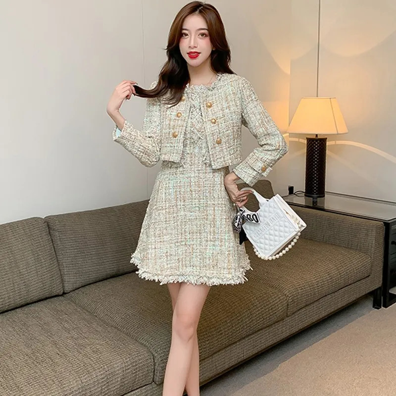 Runway Womens Clothes Small Fragrance Tassel Tweed Jacket Coat High Quality Mini Chic Slim Dress Two Pieces Set Suit 240223