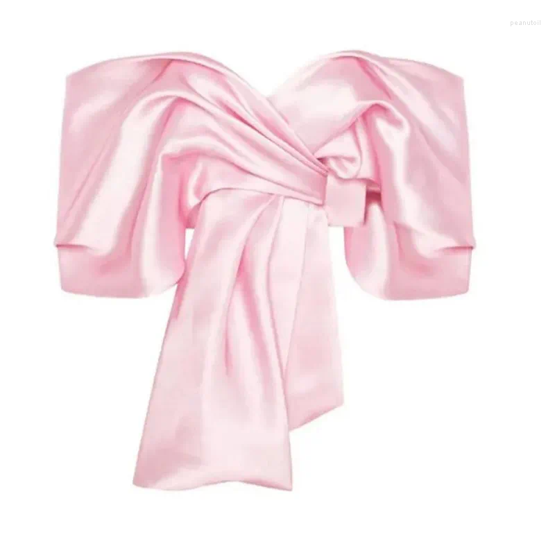 Women's Blouses Elegant Satin Top Women Sexy Off Shoulder Backless Pleated Female Club Party Shirts 2024 Spring Summer Street Bow Lace Up