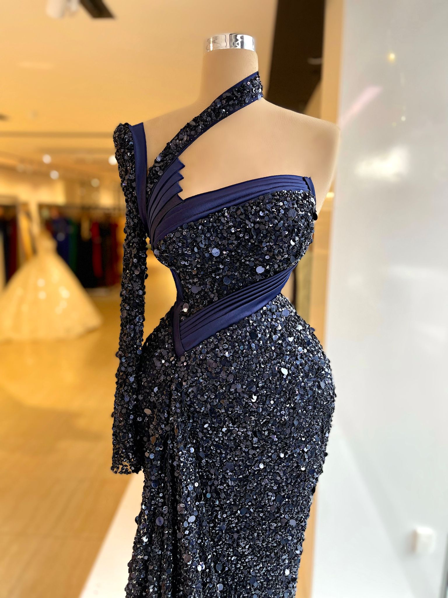 Shoulder Stylish One Evening Dresses Sequins Mermaid Prom Gowns Long Sleeve Sheer Neck Sheath Custom Made Formal Party Dress Plus Size 0220