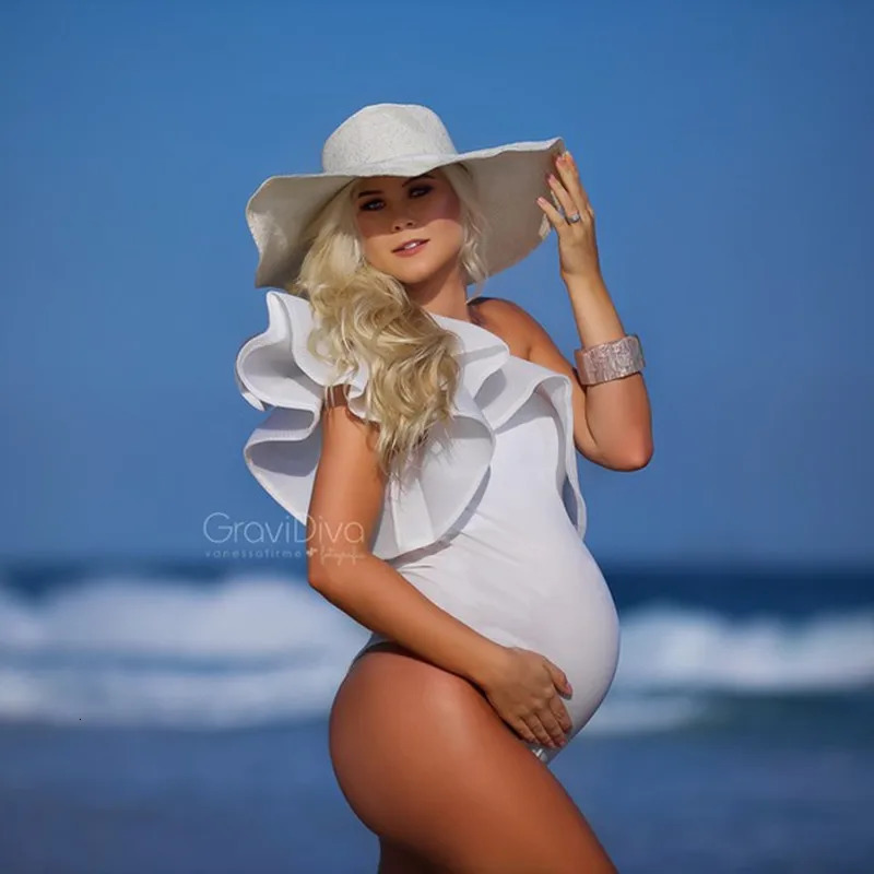 Slash Neck Maternity Pography Bodysuits Bodycon Single Shoulder Ruffles Sleeve Pregnancy Bodysuit 240301
