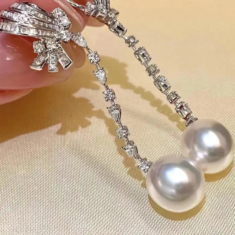 MeiBaPJ 10-11mm Natural White Rice Pearls Fashion Bow Long Chain Drop Earrings 925 Silver Fine Wedding Jewelry for Women 240301