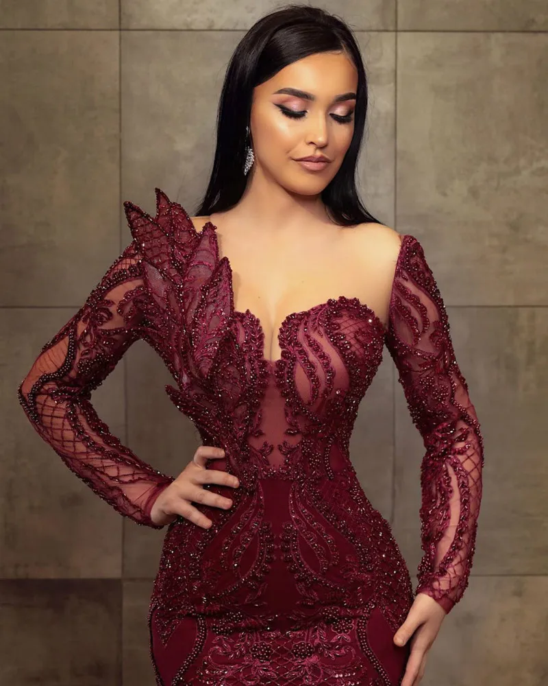 Arabic Aso Ebi Bury Lace Beaded Evening Mermaid Sheer Neck Prom Dresses Long Sleeves Formal Party Second Reception Gowns Lz0304