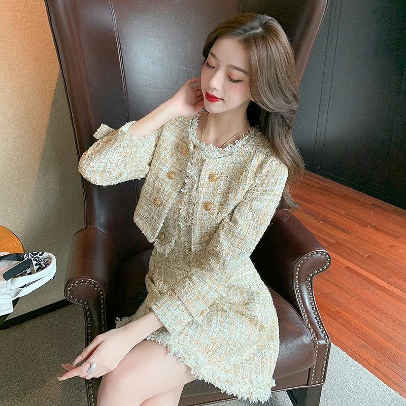 Runway Womens Clothes Small Fragrance Tassel Tweed Jacket Coat High Quality Mini Chic Slim Dress Two Pieces Set Suit 240223
