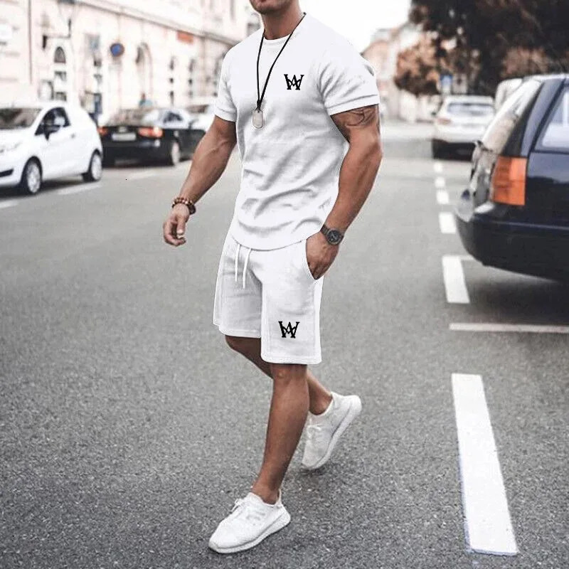 Men Summer Outfits 2 Piece Sets Fashion Short Sleeve Muscle Tee Shirts And Shorts Beach Set Sports Tracksuit For Men 240229