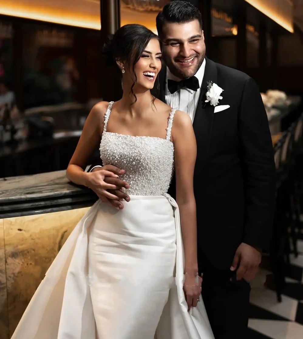 Arrival New Mermaid Wedding Dress With Detachable Train Spaghetti Straps Pearls Satin Bridal Gowns Vestido De Noiva Customed