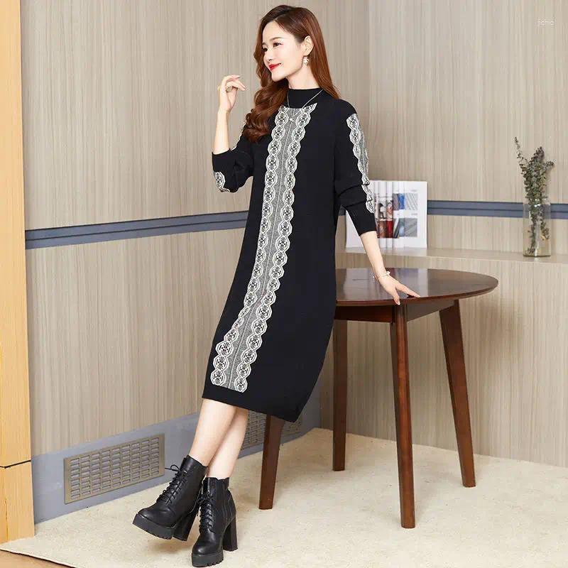 Casual Dresses Women Loose Oversize Knit Dress 2024 Autumn Winter Clothes Fashion Jacquard Patchwork Half High Collar Warm Female Sweater