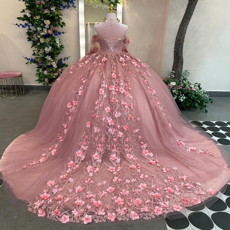 Pink 3D wers Ball Gown Long Sleeved Quinceanera Dresses Appliques Lace Beads Tull Corset Vestidos De 15 Anos
