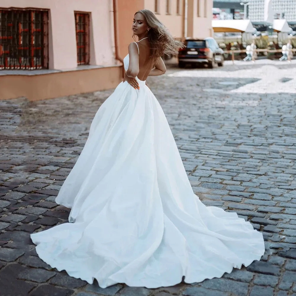 Classy Long Plus Size Wedding Dresses V Neck Satin Sleeveless Backless with Slit A Line Sweep Train Custom Made Bridal