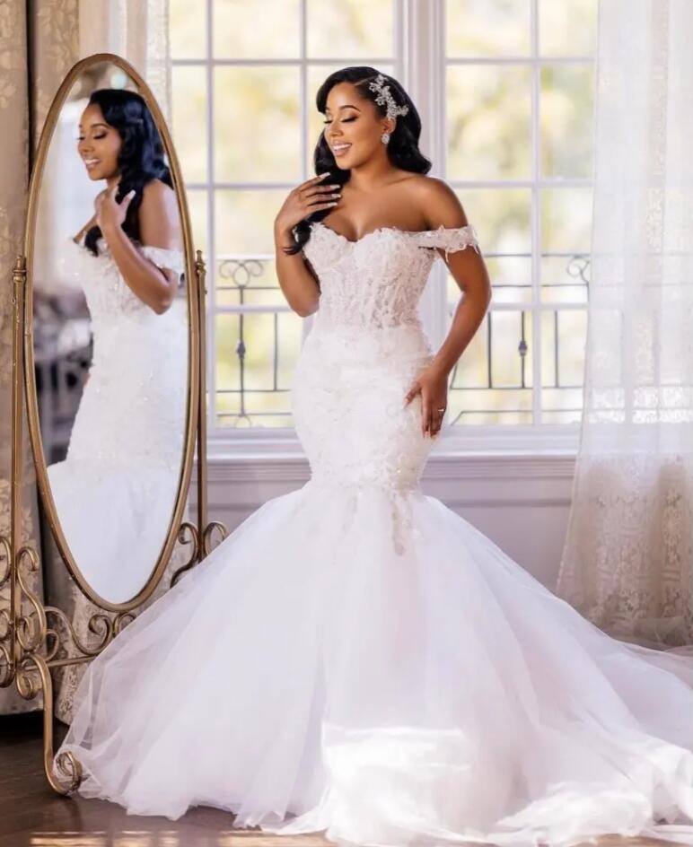 African Elegant Mermaid Wedding Dresses for Bride 2024 Off Shoulder Lace up Closure Sweep Train Beaded Bridal Gowns Best Selg 0305