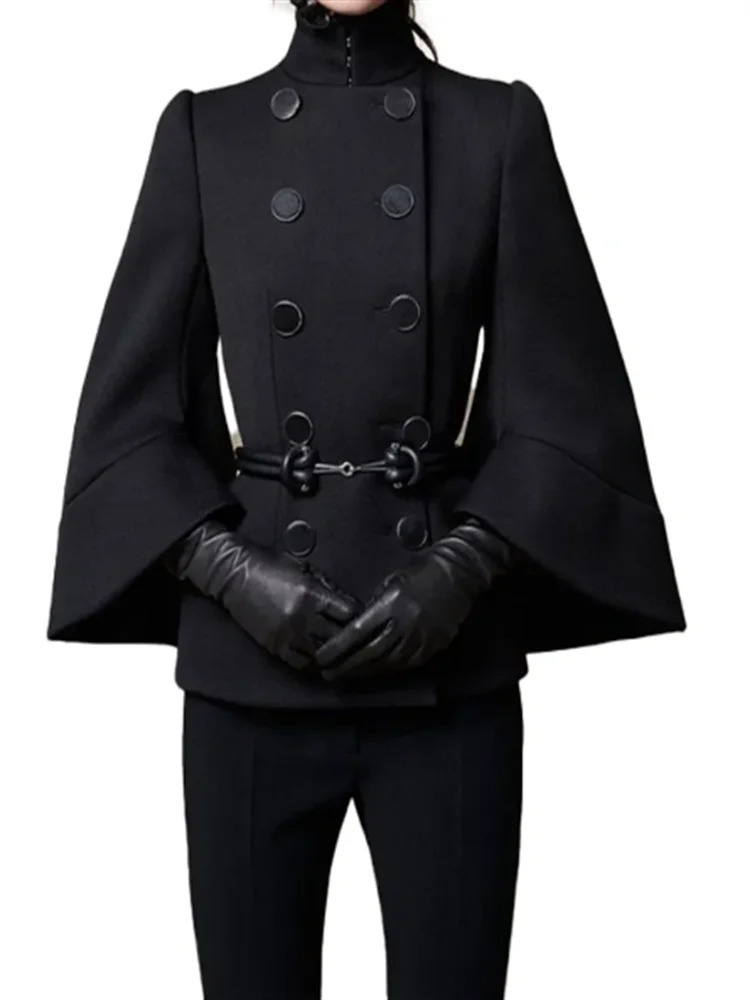 Chic Belt Double Breasted Women Jackets Flared Long Sleeve High Collar Short Coats for Female est Spring Autumn Outwear 240219