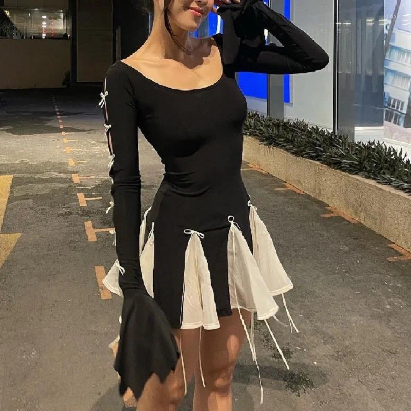 Casual Dresses Chic Bow Full Flare Sleeve Panel A-line Mini For Summer Womens Dress 2024 High Waist Skinny Woman