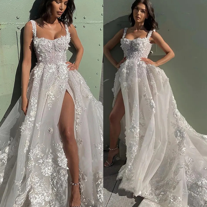 Beach Lace Summer Wedding Dresses Sexy Side Split Appliques Spaghetti Organza Bridal Gowns Long Train Floral Bohemian Bride Dress Robe De Mariee