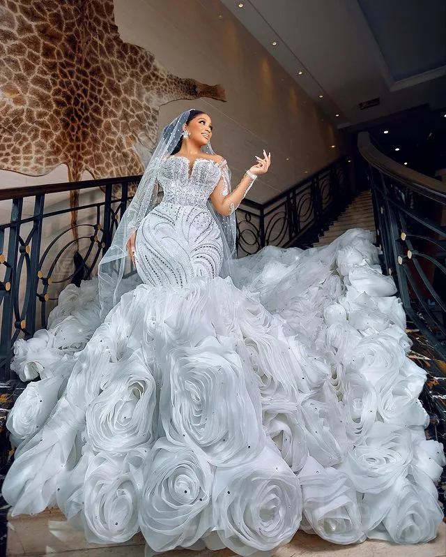 Arabic Aso Ebi White Mermaid Wedding Dress Beaded Crystals Lace Detachable Train Bridal Gowns Dresses Lz0304