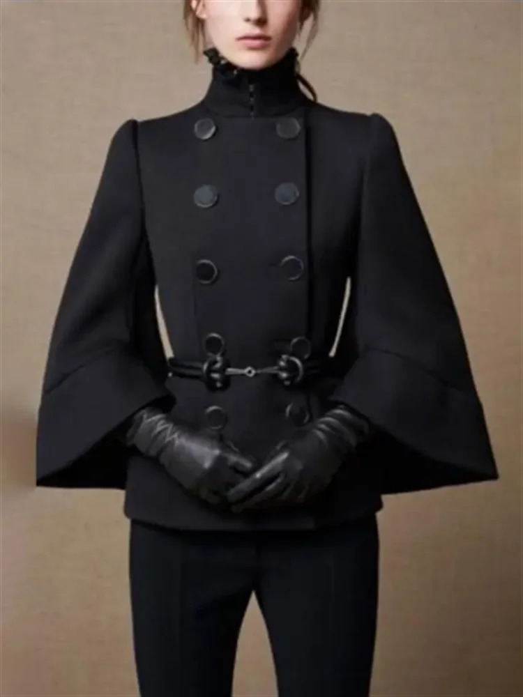 Chic Belt Double Breasted Women Jackets Flared Long Sleeve High Collar Short Coats for Female est Spring Autumn Outwear 240219