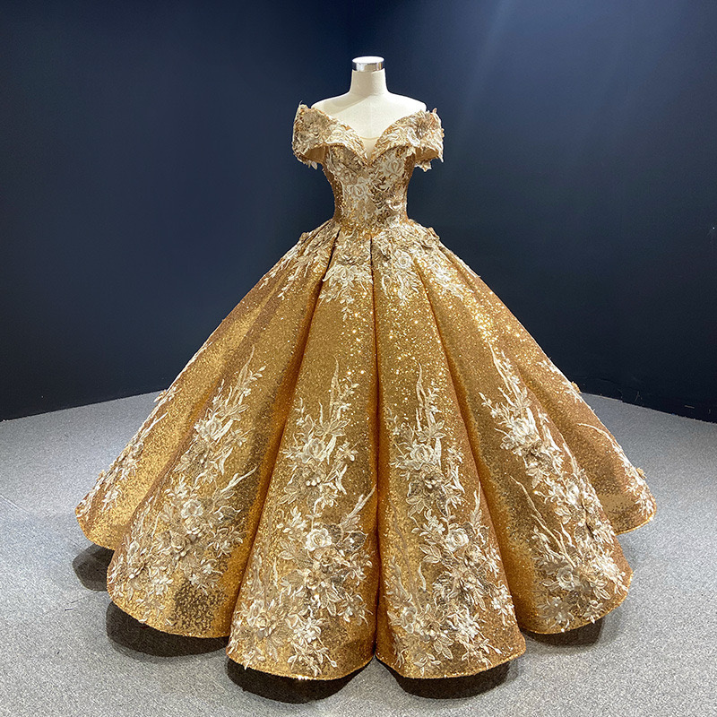 2024 new sparkle ball gown wedding dress sexy off shoulder 3D Lace embroidery beaded vestido novia gold sequined bridal gowns sequins boho robes de ma