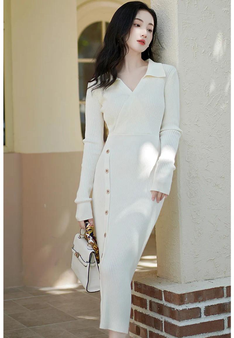 Casual Dresses 2024 Fashion Winter Side Buttons Sweater Knitted Dress Elegant Women Lapel Collar Solid Stretch Bodycon Pencil Midi Clothes
