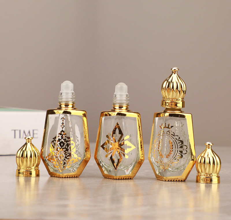 12ml Gold Arabic Crystal Essential Oil Roller Bottles Attar Oud Glass Perfume Bottle With Glass Roll On Bottle