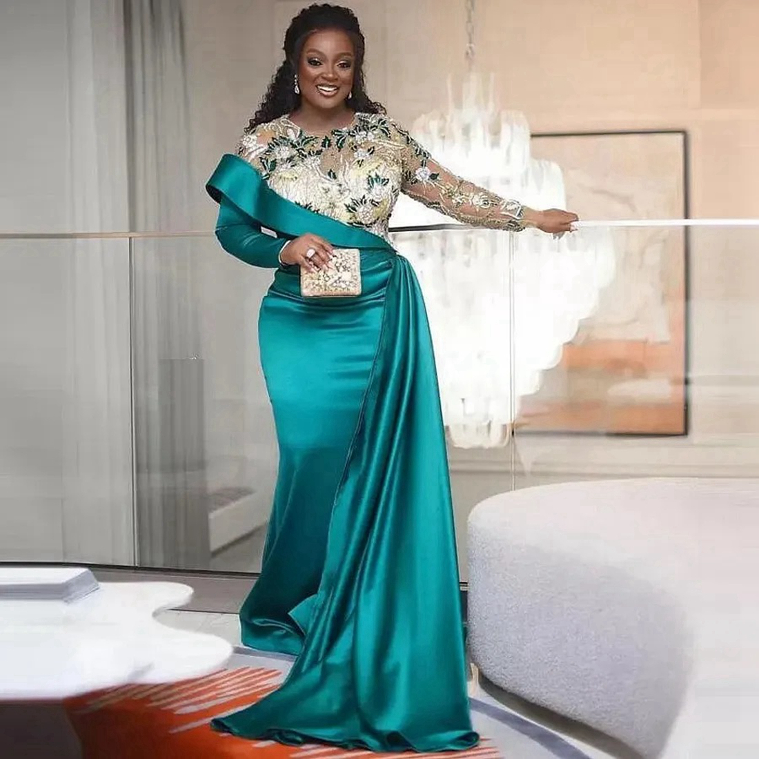 African Plus Size Mother Of The Bride Dresses Elegant A Wedding Long Sleeves Sheer Neck Mothers Dress Groom Gowns For Black Women