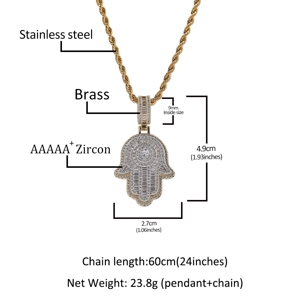 Hip Hop Vintage Hand Pendant Necklace Full 5A Zircon Gold Plated Women Men Jewelry Gift