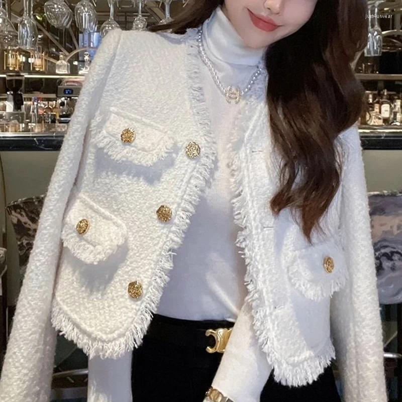 Women's Jackets French Style Elegant Design Tassel Button Cardigan Jacket Spring Autumn Fashion V Neck White Long Sleeve Loose Coat