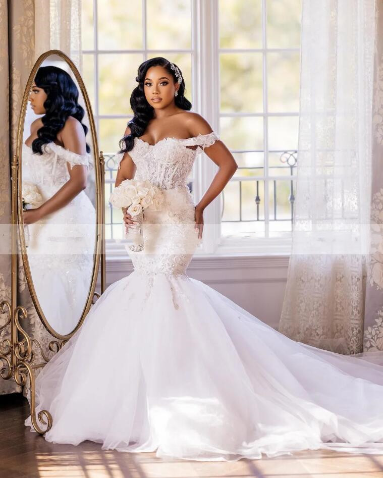 African Elegant Mermaid Wedding Dresses for Bride 2024 Off Shoulder Lace up Closure Sweep Train Beaded Bridal Gowns Best Selg 0305