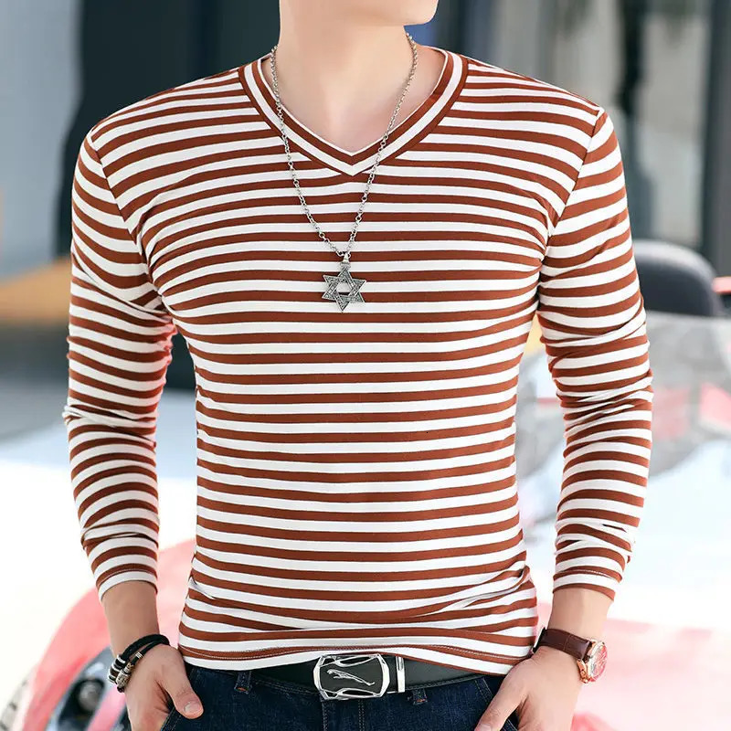 Spring and Autumn Fashion Pure Cotton Simple Casual V-neck Stripe Slim Fit Long Sleeve Oversized Youth Mens T-shirt 240229