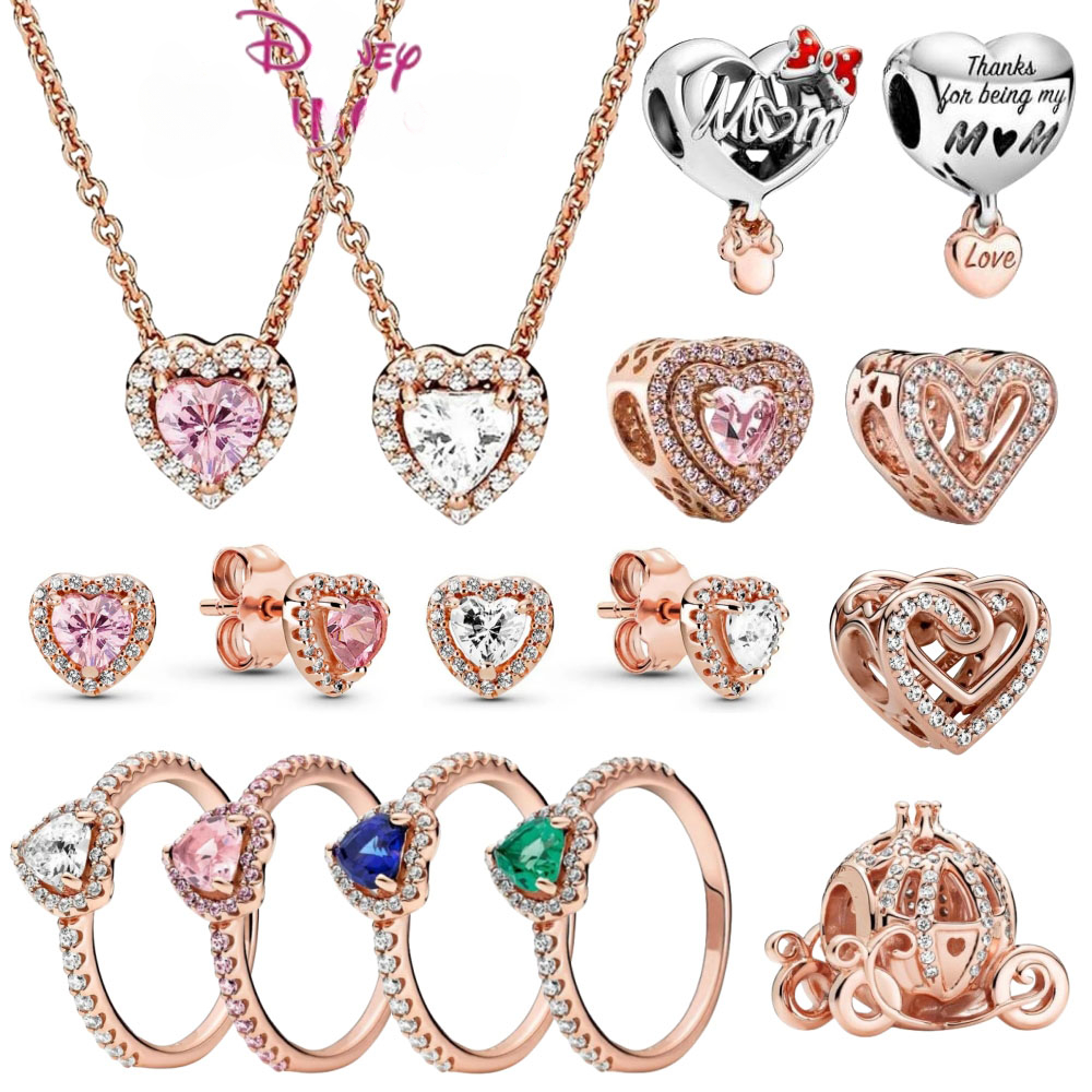 925 Sterling Silver Charm Women's Bracelet, Rose Gold, Heart Shape, Earrings, Necklace, Beads, DIY, Birthday Gift, Jewelry
