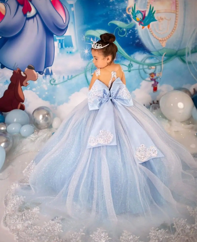 Blue Princess Wer Girl Dresses With Big Bow Sash A E Crew Neck Sheer Sleeves Appliques Sequins Long Toddler Teens ppliques
