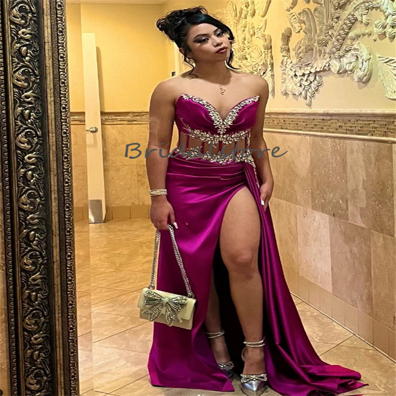 High Slit Black Girls Prom Dress With Rhinestone Crystal Sweetheart Sexy Floor Length Evening Dresses Elegant Dance Formal Robes De soiree Vestidos De