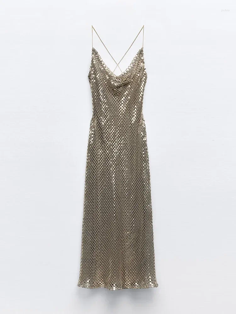 Casual Dresses Chic Mesh Deep V Neck Back Cross Sparking Sling Dress Women Sexy Sleeveless Sequined Backless Vestidos Elegant Lady Party