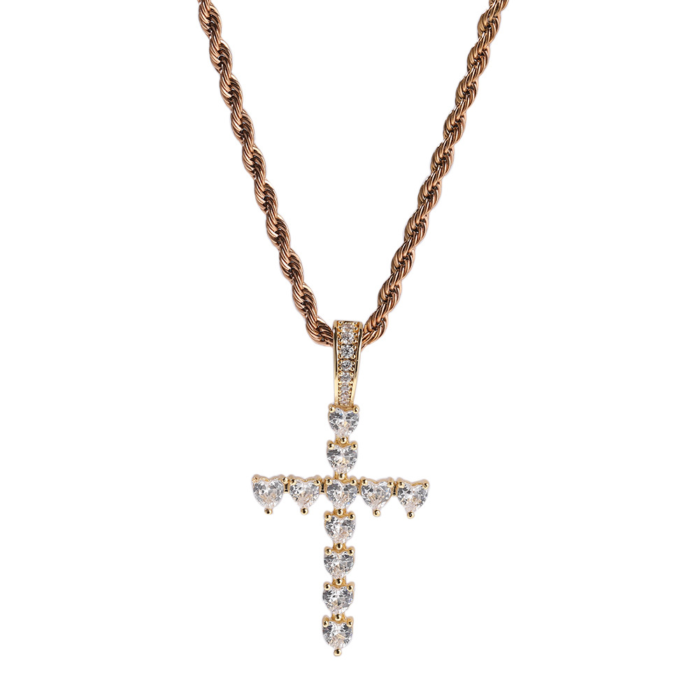 Hip Hop Fashion Charm Heart Shape Zircon Cross Pendant Necklace Crystal Jewelry 18k Real Gold Plated Women Men Religion Jewelry