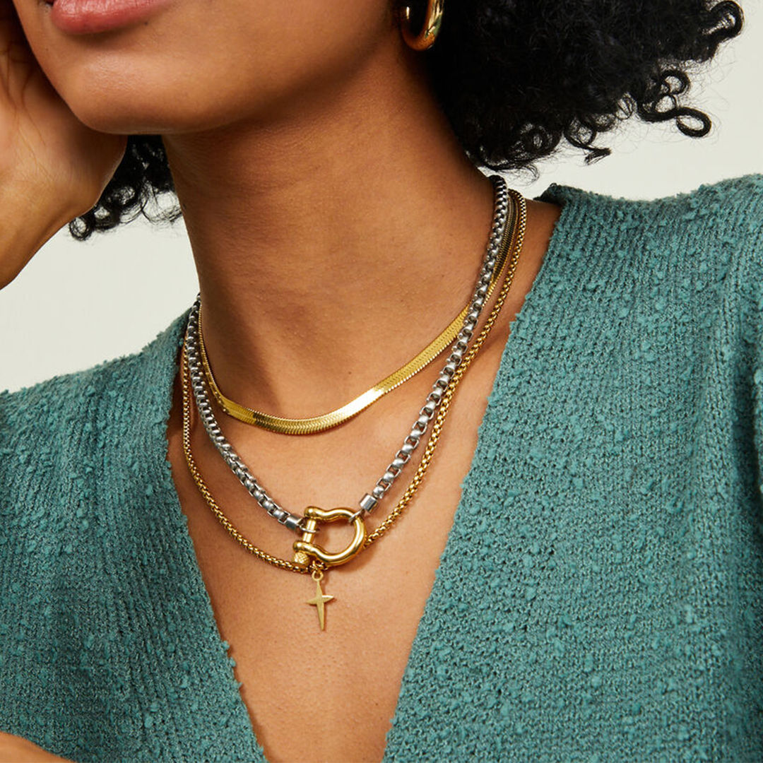 Waterproof Jewelry 18K Gold Plated Stainless Steel Box Chain Choker Necklace Double Color Chunky Horseshoe Necklace