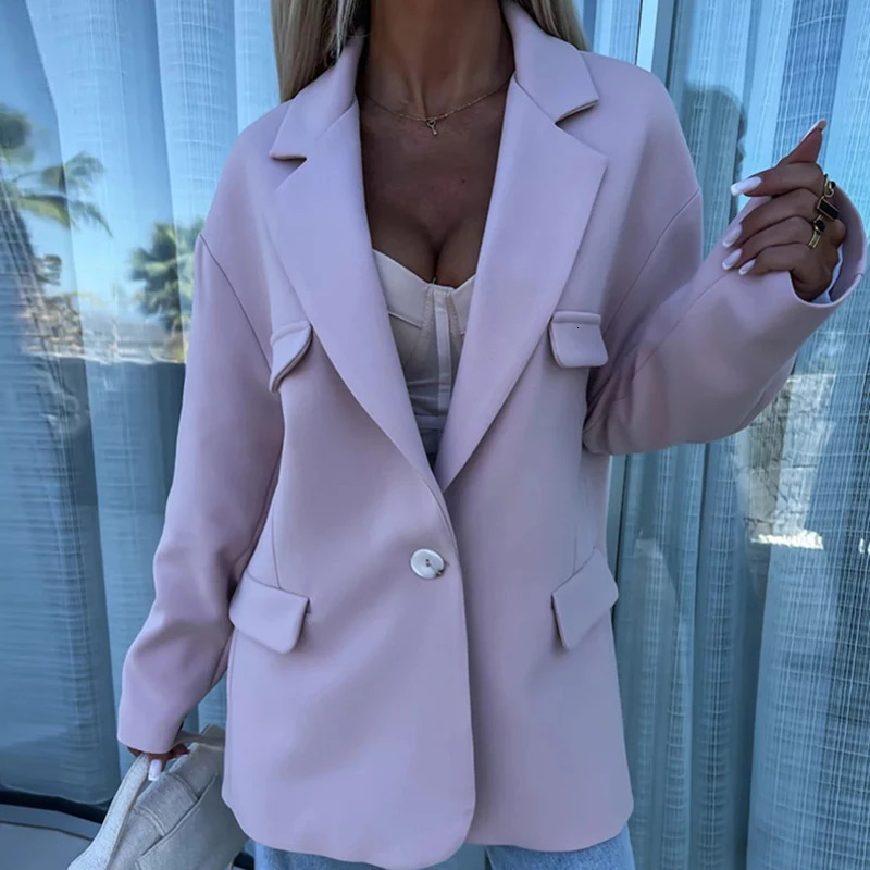 Women Elegant Lapel Collar Blazer Coat Office Fashion Single Button Solid Outerwear Spring Fall Casual Long Sleeve Loose Jackets 240229