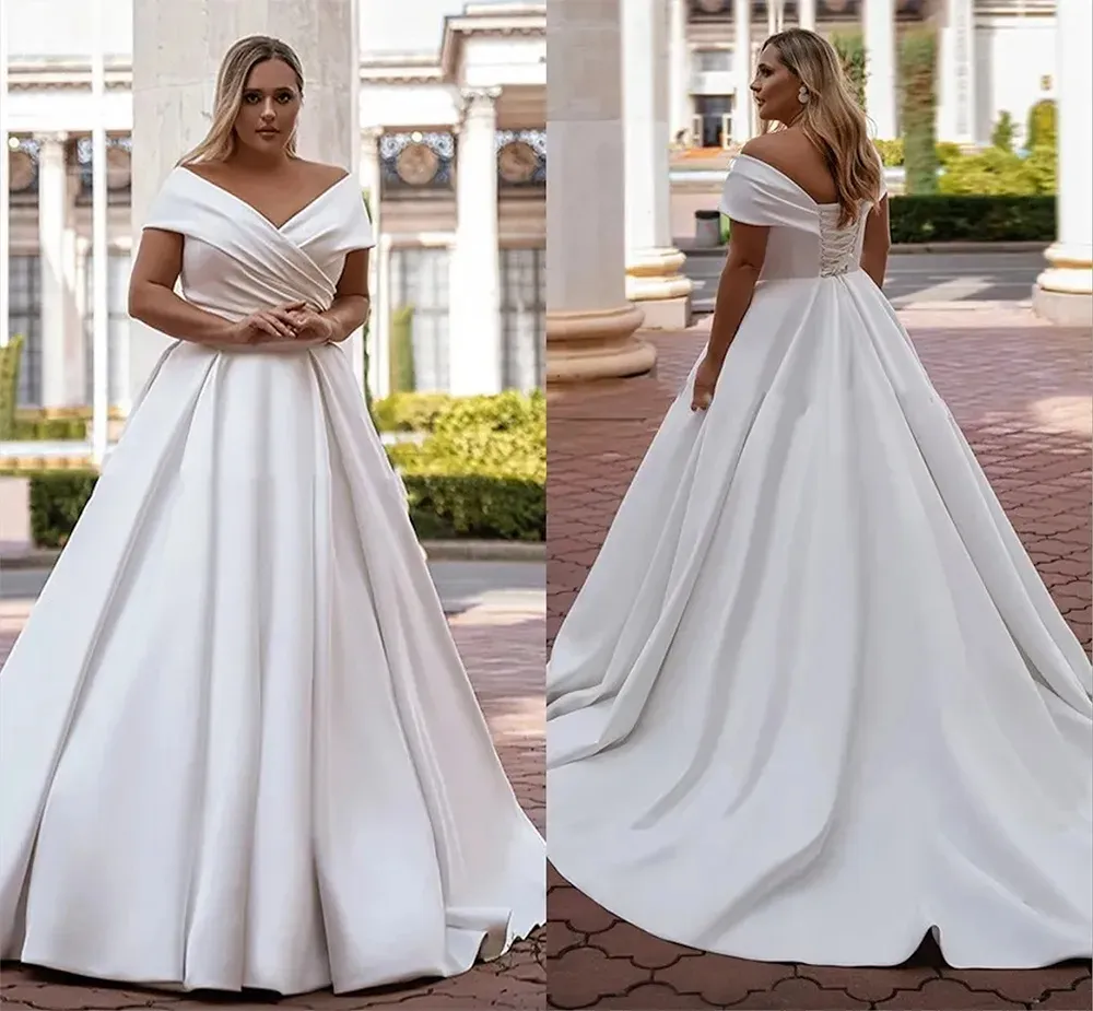 Size Plus V Neck Off Shoulder A E Wedding Dresses Simple White Satin Elegant Bridal Gowns With N Lace Up Back Bride Robes Vestidos De Novia