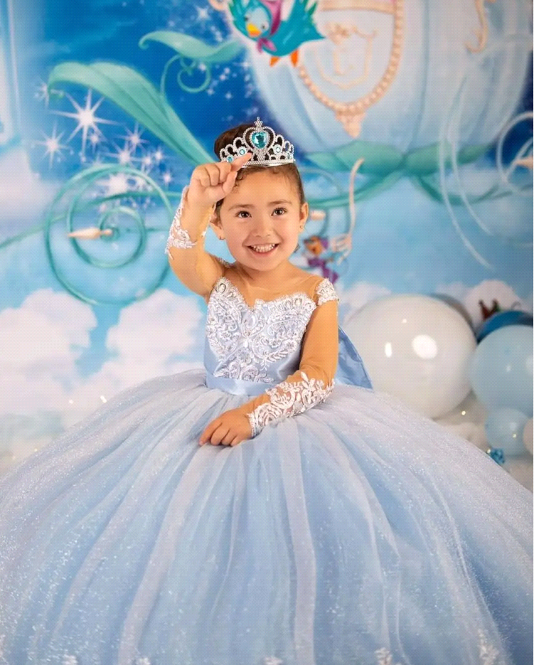 Blue Princess Wer Girl Dresses With Big Bow Sash A E Crew Neck Sheer Sleeves Appliques Sequins Long Toddler Teens ppliques