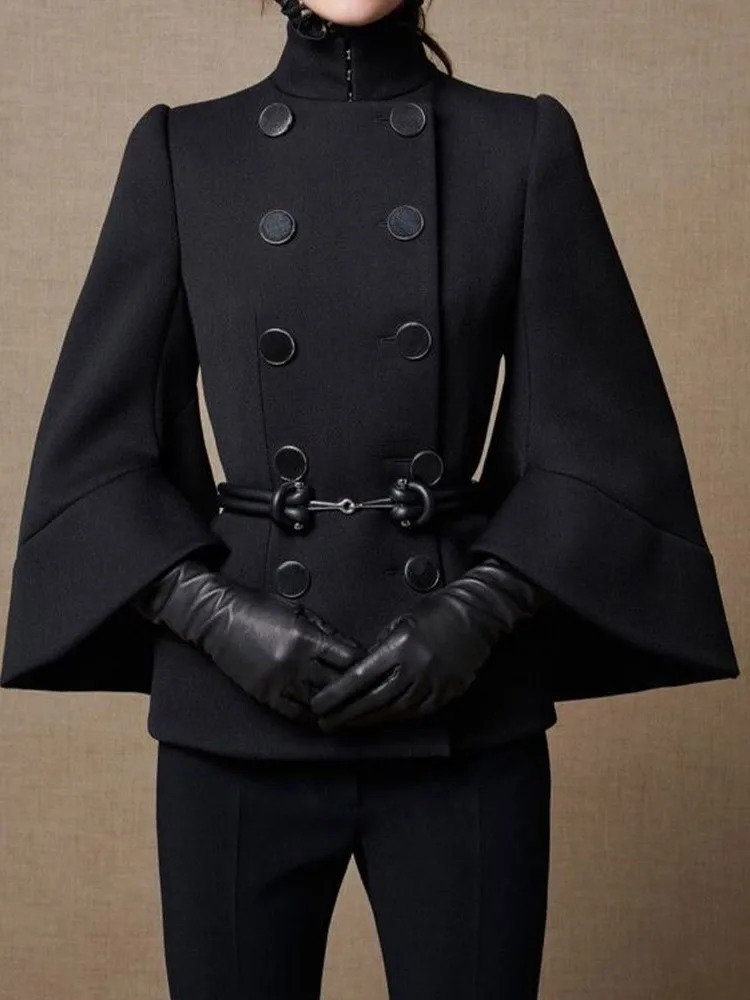 Chic Belt Double Breasted Women Jackets Flared Long Sleeve High Collar Short Coats for Female est Spring Autumn Outwear 240219